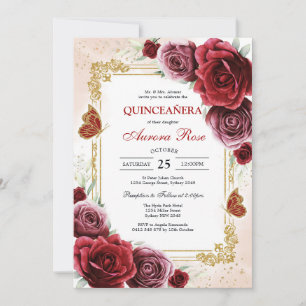 Modern Red Rose Floral Quinceanera Invitation