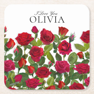 Modern Red Rose Minimalist Name I Love You Square Paper Coaster