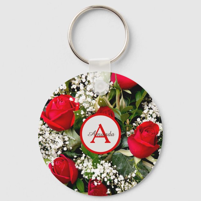 Modern red roses bouquet with monogram and name keychain (Front)