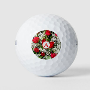 Modern red roses bouquet with monogram golf balls