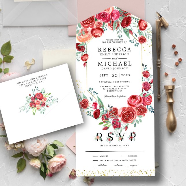 Modern Red Roses Floral Wedding All In One Invitation (Creator Uploaded)