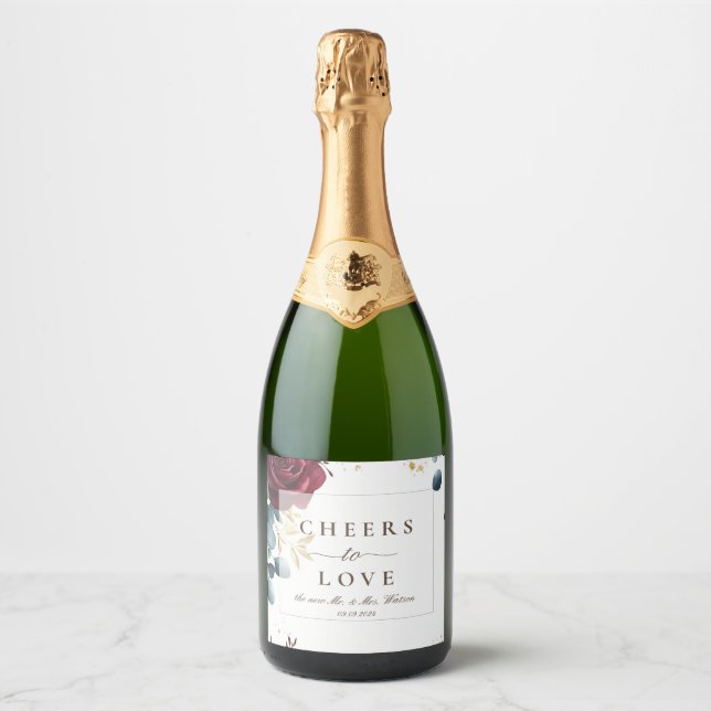 Modern Red Roses Spring Summer Wedding Sparkling Wine Label (Front)