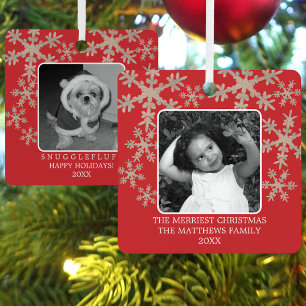 Modern Red Rustic Snowflake 2 Photo Cute Holiday Metal Ornament