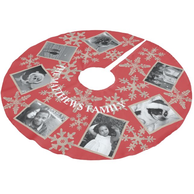 Modern Red Rustic Snowflake Add Your 7 Photo Brushed Polyester Tree Skirt (Angled)