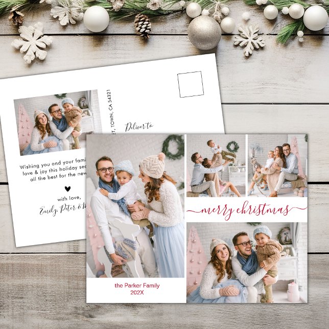 Modern Red Script 5 Multiple Christmas Photo Postcard (Creator Uploaded)