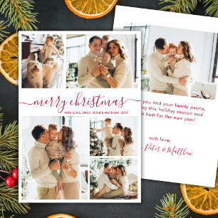 Modern Red Script 5 Photo Collage Christmas Holiday Card