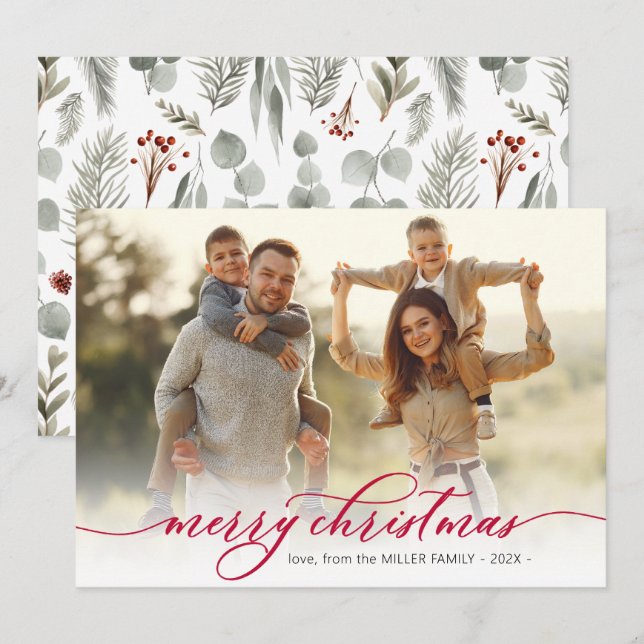 Modern Red Script Botanical Photo Christmas  Holiday Card (Front/Back)