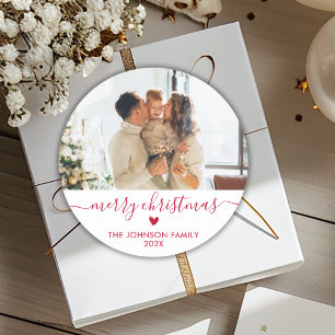 Modern Red Script Family Photo Merry Christmas Classic Round Sticker