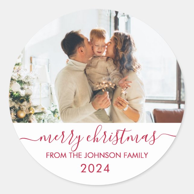 Modern Red Script Family Photo Merry Christmas Classic Round Sticker (Front)