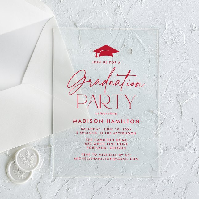 Modern Red Script Graduation Party Acrylic Invitations (Creator Uploaded)