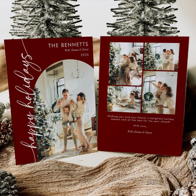 Modern Red Script Happy Holidays Arch Photo  Holiday Card (Creator Uploaded)