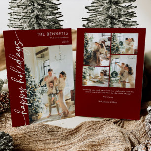 Modern Red Script Happy Holidays Photo Collage Holiday Card