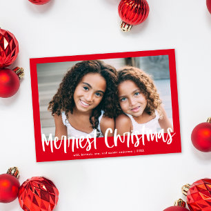 Modern Red Script Merriest Christmas Photo Holiday Card