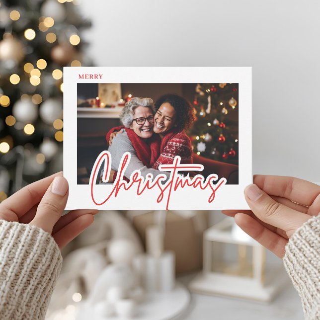 Modern Red Script Merry Christmas Photo  Postcard (Creator Uploaded)