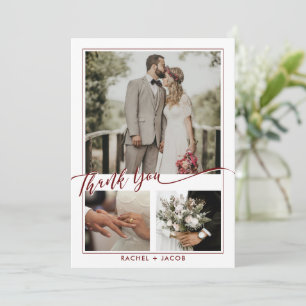 Modern Red Script Overlay Photo Collage Wedding Thank You Card