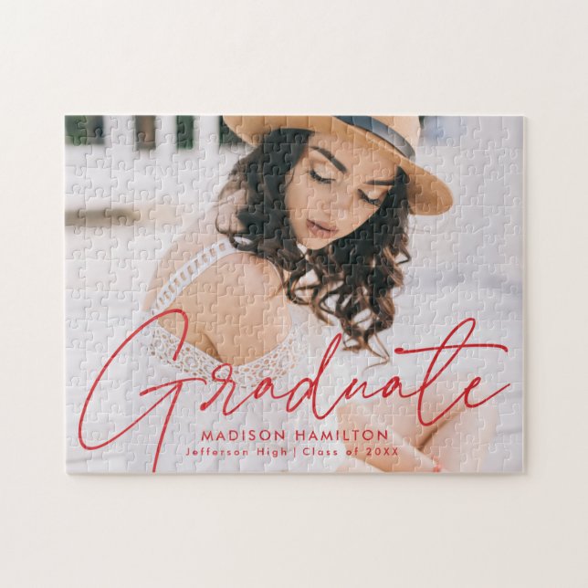 Modern Red Script Photo Graduation Jigsaw Puzzle (Horizontal)