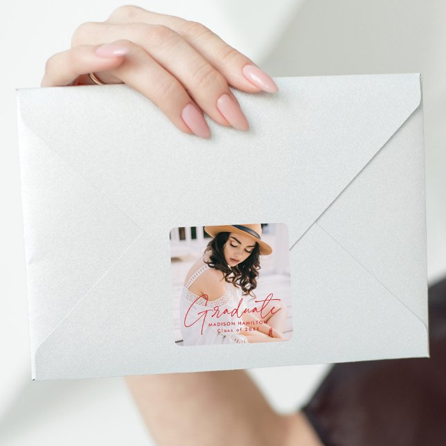 Modern Red Script Photo Graduation Square Sticker (Creator Uploaded)