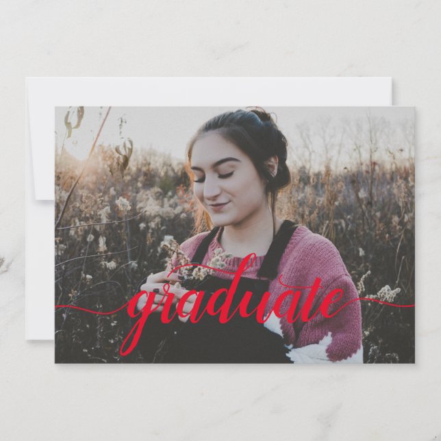 Modern Red Script Photo High School Graduation Announcement (Front)