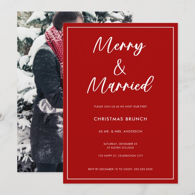 Modern Red Script Photo Merry Married Christmas  Invitation (Front/Back)