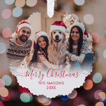 Modern Red Script White 2 Photo Christmas Ornament Card<br><div class="desc">Modern Cute Minimalist Red Script 2 Photo Merry Christmas Script Holiday Ornament Card. This festive, simple minimalist, whimsical two photo holiday greeting card template features Family Name, Year and a „Merry Christmas” greeting text which is written in a hand lettered swirly swash-tail font red calligraphy script photo overlay on white...</div>