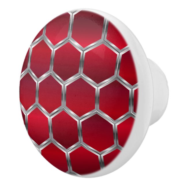 Modern Red & Silver Grey Octagonal Pattern Ceramic Knob (Right)