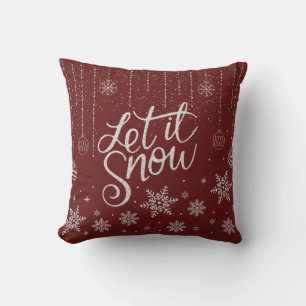 Modern Red, Silver Merry Christmas Snowflakes Throw Pillow