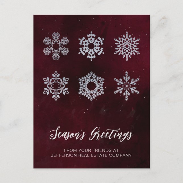 Modern Red Silver Snowflakes Business   Holiday Postcard (Front)