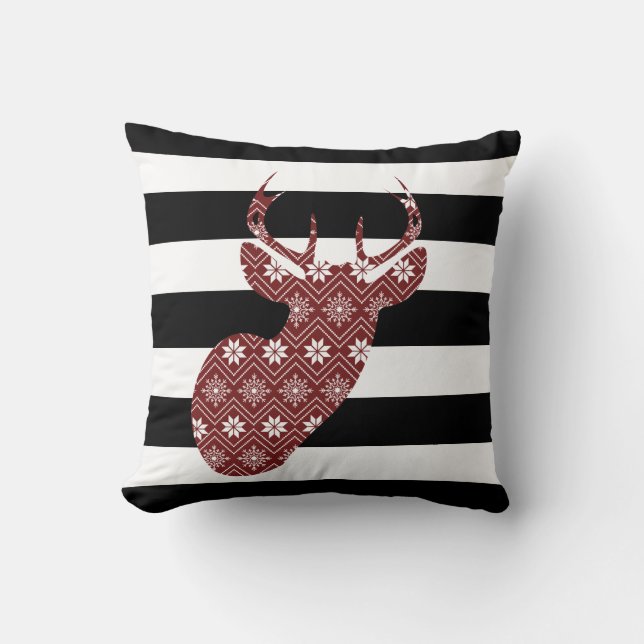 Modern Red Snow Deer Black + White Stripes Throw Pillow (Front)