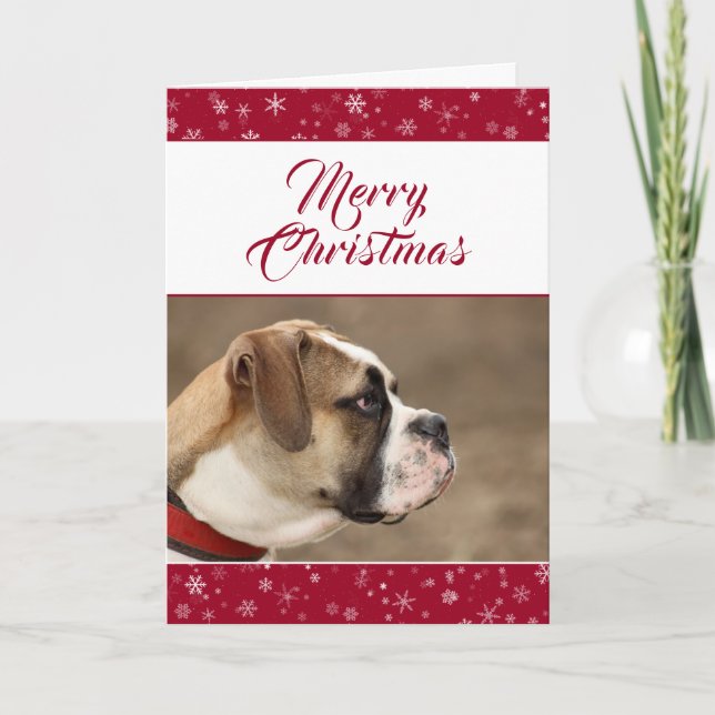 Modern Red Snowflake Christmas Holiday Dog Photo Card (Front)