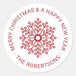 Modern Red Snowflake Merry Christmas Tag Sticker