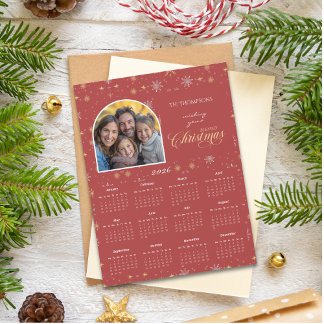 Modern Red Snowflake Photo 2026 Calendar Card