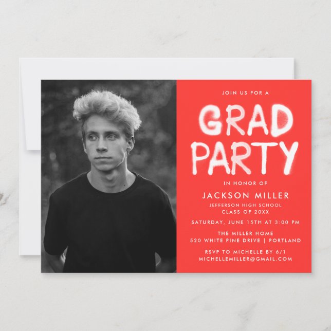 Modern Red Spray Paint Photo Graduation Party Invitation (Front)