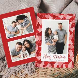Modern Red Stained Glass Merry Christmas Photo Holiday Card