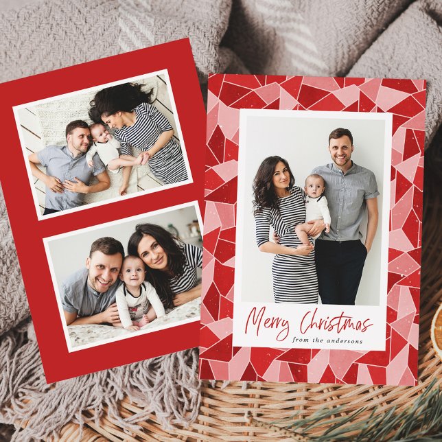 Modern Red Stained Glass Merry Christmas Photo Holiday Card (Creator Uploaded)
