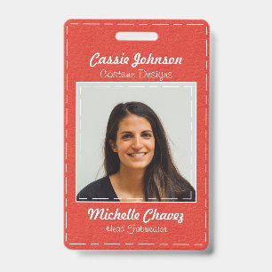 Modern Red Stitched Leather Photo Employee Badge