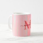 Modern Red Stripe Monogram Name Coffee Mug<br><div class="desc">Start your morning in style with this personalized red striped coffee mug, designed to bring timeless charm to every sip. Featuring a soft red and white striped background, this elegant mug is customized with your monogram initial and full name in a graceful script font—creating a feminine, refined look that feels...</div>