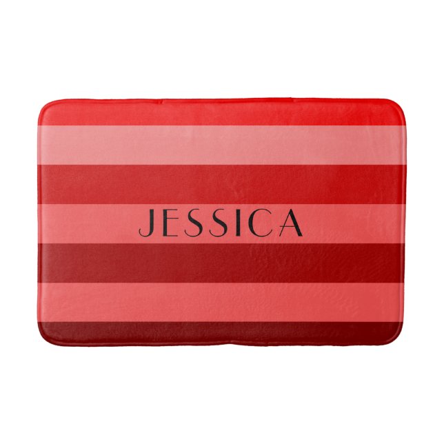 Modern Red Striped Pattern Name Bath Mat (Front)