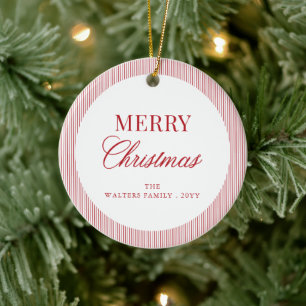 Modern Red Stripes Christmas Family Photo Ceramic Ornament