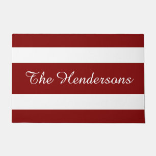 Modern Red Stripes Family Name Doormat