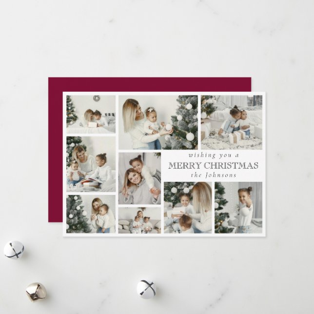 Modern Red Stylish Multi Photo Grid Holiday Card (Front/Back In Situ)