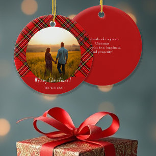 Modern Red Tartan One Photo Ceramic Ornament