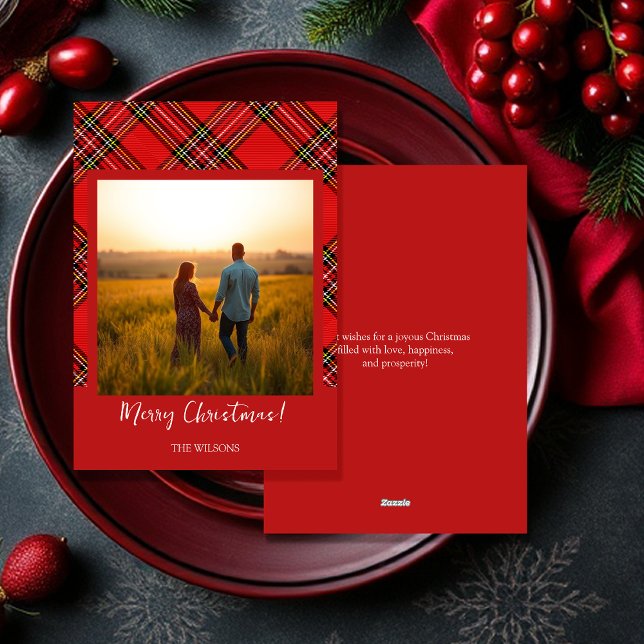 Modern Red Tartan One Photo Holiday Card (Creator Uploaded)