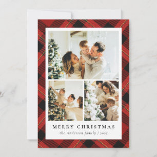 Modern Red Tartan Plaid & Photo Collage Christmas Holiday Card