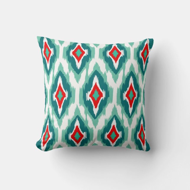 Modern red teal turquoise Ikat Tribal Pattern 1a Throw Pillow (Front)