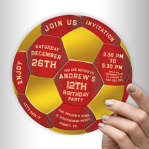 Modern Red Text Soccer Ball Birthday Invitation 
