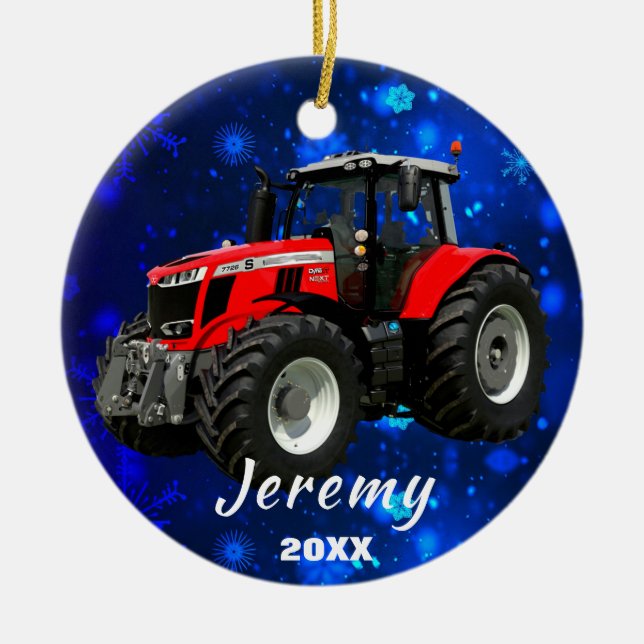 Modern Red Tractor "Christmas 20XX"  Ceramic Ornam Ornament (Front)