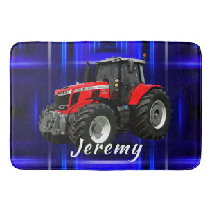 Modern Red Tractor on Blue Bath Mat