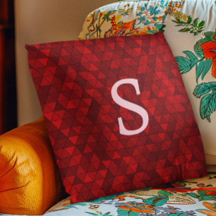 Modern Red Triangles Geometric Custom Monogram Throw Pillow