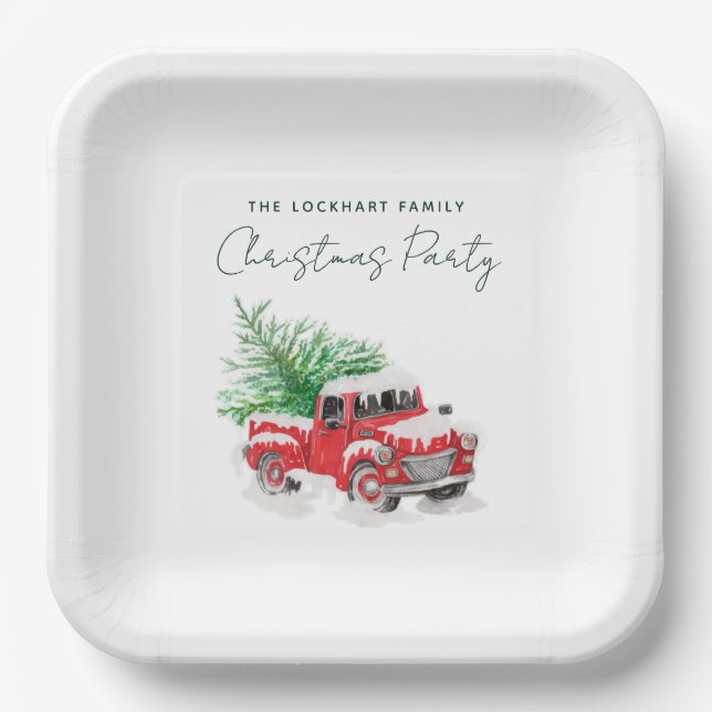 Modern Red Truck Christmas Party Paper Plate (Front)