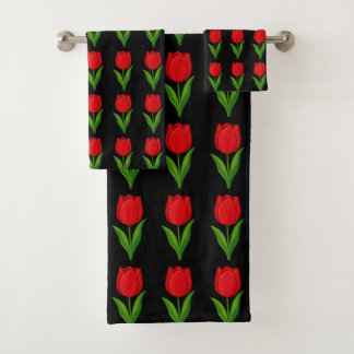 Modern Red Tulip Flower Pattern on Black Bath Towel Set